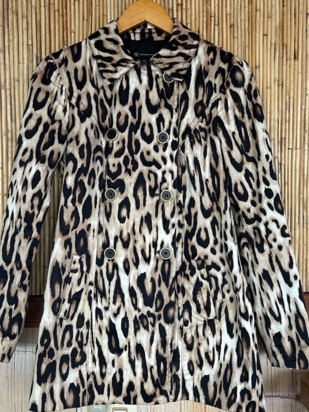 INC Leopard Print S Double-Breasted Short Trench Coat Tailored Glam Classic Edgy